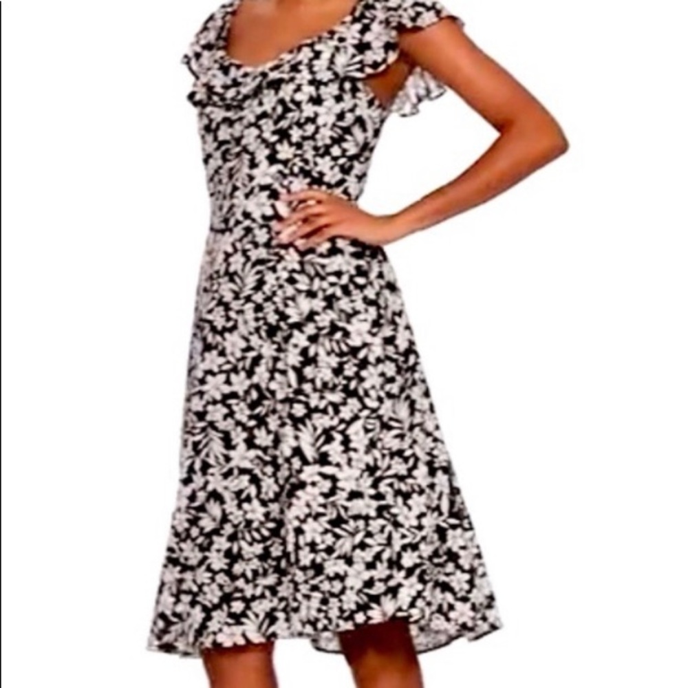 Black and white floral dress. Swingy, off the shoulder midi dre…